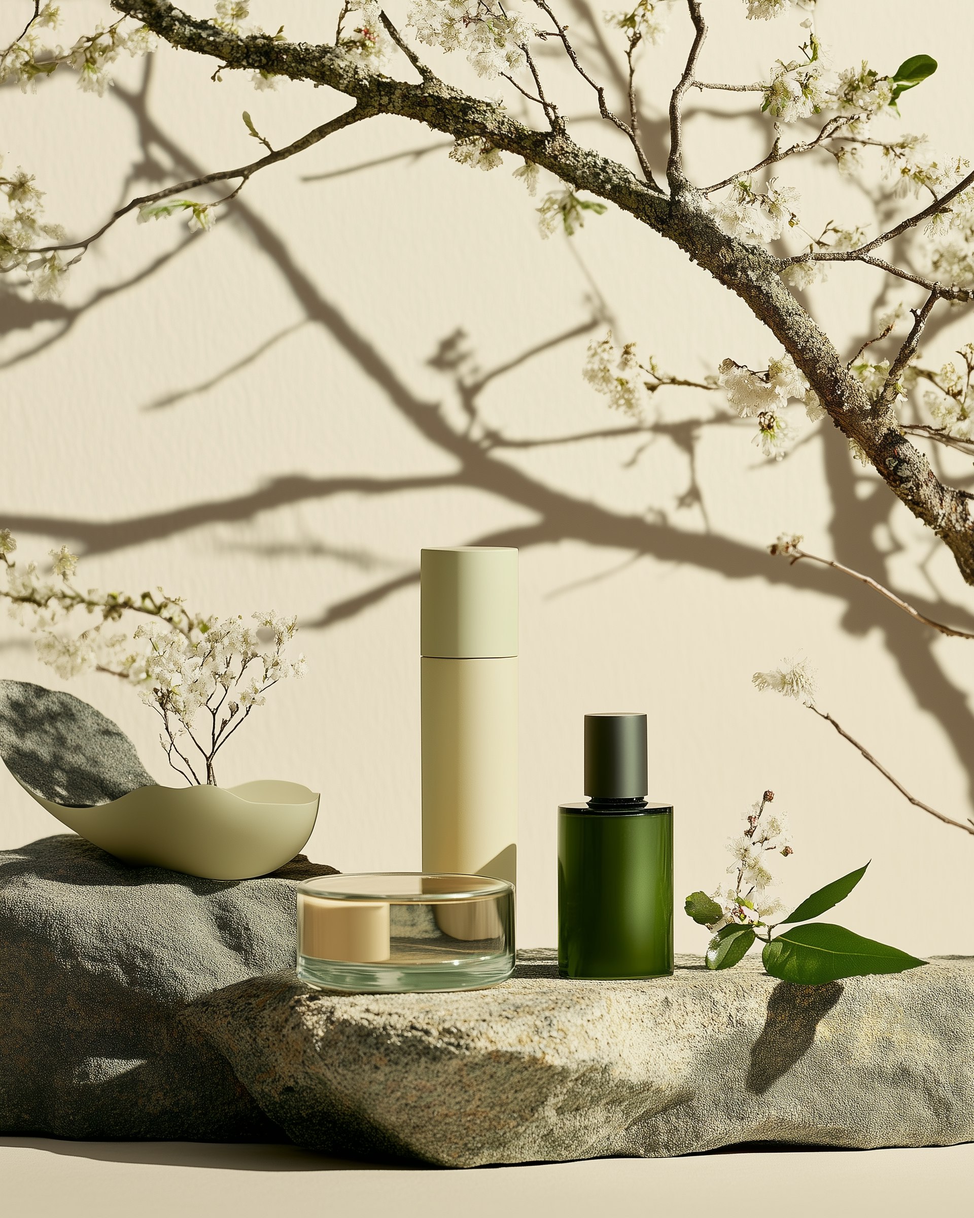 Skincare arranged softly beside natural light